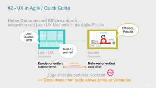 #2 - UX in Agile / Quick Guide
Hoher Outcome und Effizienz durch…
Integration von Lean UX Methodik in die Agile-Rituale
Lean UX
Framework
Scrum
Framework
Mehrwertorientiert
Value-Driven
Kundenorientiert
Customer-driven
[wnc]
Effizienz,
Results
User,
Qualität,
UCD
Lean UX
Framework
Build it -
yes/ no?
„Eigentlich die perfekte Hochzeit“
>> Dazu muss man beide etwas genauer verstehen.
 