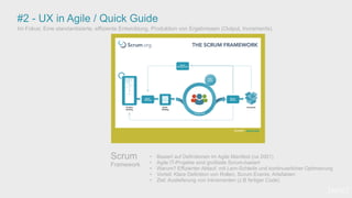 #2 - UX in Agile / Quick Guide
Scrum
Framework
Im Fokus: Eine standardisierte, effiziente Entwicklung. Produktion von Ergebnissen (Output, Increments).
Quellen: scrum.org
[wnc]
• Basiert auf Definitionen im Agile Manifest (ca 2001)
• Agile IT-Projekte sind großteils Scrum-basiert
• Warum? Effizienter Ablauf, mit Lern-Schleife und kontinuierlicher Optimierung
• Vorteil: Klare Definition von Rollen, Scrum Events, Artefakten
• Ziel: Auslieferung von Inkrementen (z.B fertiger Code)
 