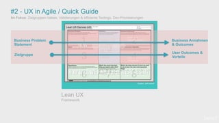 #2 - UX in Agile / Quick Guide
Lean UX
Framework
Business
Optimierungen
Optimierungen für
Anwender
Im Fokus: Zielgruppen-Valses. Validierungen & effiziente Testings, Dev-Priorisierungen
Quellen: Jeff Gothelf
[wnc]
Business Problem
Statement
Business Annahmen
& Outcomes
Zielgruppe
User Outcomes &
Vorteile
 