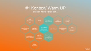 45
#1 Kontext/ Warm UP
Session heute Fokus auf…
UX & Agile /
Quick Guide
(Scrum.org-Certificate)
Managing UX
Work in Scrum
Lean UX /
Deep Dive
Lean UX /
Validation
Framework
Prototyping &
Test-Concepts
Agile / Scrum
Agile
Frameworks
User
Experience
(UX)
User Centered
Design
Organisational
Design
Innovation
Culture
Experimente,
Life
Experiences,
Best Practice
OKRs
New
Organisation
Forms (…)
[wnc]
Design
Systems
 