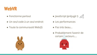 WebVR
● Fonctionne partout
● Un seul code à un seul endroit
● Toute la communauté Web/JS
● JavaScript (préjugé !)
● Les performances
● Pas très beau...
● Probablement l’avenir de
certains secteurs….
 