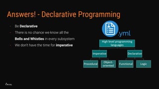 Answers! - Declarative Programming
- Be Declarative
- There is no chance we know all the
Bells and Whistles in every subsystem
- We don’t have the time for imperative
 