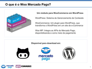 6
Um módulo para WooCommerce em WordPress
WordPress: Sistema de Gerenciamento de Conteúdo
WooCommerce: Um plugin para WordPress, que
transforma o WordPress em um site de e-Commerce
Woo MP: Integra as APIs do Mercado Pago,
disponibilizando-o como meio de pagamento
Disponível para download em:
O que é o Woo Mercado Pago?
 