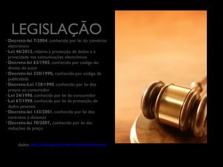 LEGISLAÇÃO
	


• Decreto-lei

7/2004, conhecido por lei do
comércio electrónico	

• Lei 46/2012, relativa à protecção de dados e à
privacidade nas comunicações electrónicas	

• Decreto-lei 63/1985, conhecido por código do
direito de autor	

• Decreto-lei 330/1990, conhecido por código da
publicidade	

• Decreto-Lei 138/1990, conhecido por lei dos
preços ao consumidor	

• Lei 24/1996, conhecida por lei do consumidor	

• Lei 67/1998, conhecida por lei da protecção de
dados pessoais	

• Decreto-lei 143/2001, conhecido por lei dos
contratos à distancia	

• Decreto-lei 70/2007, conhecido por lei das
reduções de preço	


	


dados http://www.ptcommerce.net/ecommerce/

 