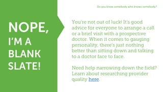 Do	you	know	somebody	who	knows	somebody?
You’re not out of luck! It’s good
advice for everyone to arrange a call
or a brief visit with a prospective
doctor. When it comes to gauging
personality, there’s just nothing
better than sitting down and talking
to a doctor face to face.
Need help narrowing down the field?
Learn about researching provider
quality here.
NOPE,
I’M A
BLANK
SLATE!
 