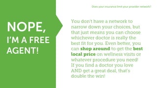 Does	your	insurance	limit	your	provider	network?
You don’t have a network to
narrow down your choices, but
that just means you can choose
whichever doctor is really the
best fit for you. Even better, you
can shop around to get the best
local price on wellness visits or
whatever procedure you need!
If you find a doctor you love
AND get a great deal, that’s
double the win!
NOPE,
I’M A FREE
AGENT!
 