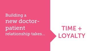 Building a
new doctor-
patient
relationship takes…
TIME +
LOYALTY
 