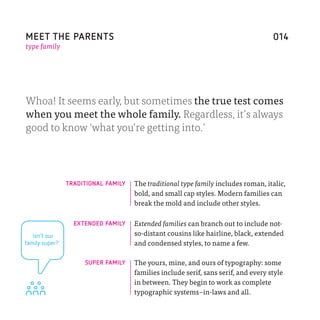 MEET THE PARENTS                                                                     014
type family




Whoa! It seems early, but sometimes the true test comes
when you meet the whole family. Regardless, it’s always
good to know ‘what you’re getting into.’




                 TRADITIONAL FAMILY   The traditional type family includes roman, italic,
                                      bold, and small cap styles. Modern families can
                                      break the mold and include other styles.

                   EXTENDED FAMILY    Extended families can branch out to include not-
  ‘isn’t our                          so-distant cousins like hairline, black, extended
family super?’                        and condensed styles, to name a few.

                      SUPER FAMILY    The yours, mine, and ours of typography: some
                                      families include serif, sans serif, and every style

ï
                                      in between. They begin to work as complete
                                      typographic systems–in-laws and all.
 