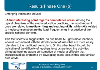 Results Fhase One (b)
Emerging trends and issues:

• A first interesting point regards competence areas. Among the
typical objectives of the media education practices, the most frequent
ones are related to media writing and reading skills, while skills related
to media consumption are the least frequent ones irrespective of the
specific national contexts.

This fact seems to suggest that, on one hand, ME gets more feedback
when it is combined with the development of skills that are more easily
referable to the traditional curriculum. On the other hand, it could be
indicative of the difficulty of teachers to structure teaching activities
aimed at fostering aware consumption of media, a difficulty that
should/could be overcome by developing more tools in this less familiar
area of ME.

                            6th of April 2011, Hangzhou
                     College of Education - Zhejiang University      10
 