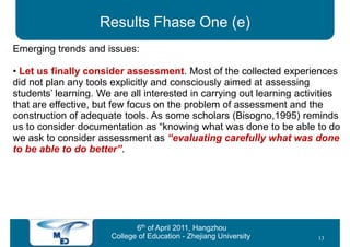 Results Fhase One (e)
Emerging trends and issues:

• Let us finally consider assessment. Most of the collected experiences
did not plan any tools explicitly and consciously aimed at assessing
students’ learning. We are all interested in carrying out learning activities
that are effective, but few focus on the problem of assessment and the
construction of adequate tools. As some scholars (Bisogno,1995) reminds
us to consider documentation as “knowing what was done to be able to do”,
we ask to consider assessment as “evaluating carefully what was done
to be able to do better”.




                             6th of April 2011, Hangzhou
                      College of Education - Zhejiang University      13
 