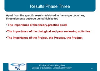 Results Phase Three
Apart from the specific results achieved in the single countries,
three elements deserve being highlighted

• The importance of the theory-practice circle

•The importance of the dialogical and peer reviewing activities

•The importance of the Project, the Process, the Product




                            6th of April 2011, Hangzhou
                     College of Education - Zhejiang University     15
 