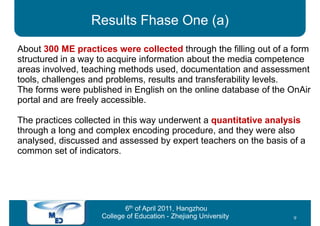 Results Fhase One (a)
About 300 ME practices were collected through the filling out of a form
structured in a way to acquire information about the media competence
areas involved, teaching methods used, documentation and assessment
tools, challenges and problems, results and transferability levels.
The forms were published in English on the online database of the OnAir
portal and are freely accessible.

The practices collected in this way underwent a quantitative analysis
through a long and complex encoding procedure, and they were also
analysed, discussed and assessed by expert teachers on the basis of a
common set of indicators.




                           6th of April 2011, Hangzhou
                    College of Education - Zhejiang University    9
 