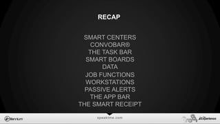 speaktme.com
RECAP
SMART CENTERS
CONVOBAR®
THE TASK BAR
SMART BOARDS
DATA
JOB FUNCTIONS
WORKSTATIONS
PASSIVE ALERTS
THE APP BAR
THE SMART RECEIPT
 
