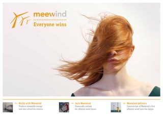 Everyone	wins




-----------------------------------------------------------------------------------------------------------------------------------------------------------------------
             >>	 Build	with	Meewind                                     >>	 Join	Meewind                                       >>	 Meewind	delivers
             	   Produce	renewable	energy                               	   Favourable	outlook                                 	   Construction	of	Meewind’s	first	
             	   and	earn	attractive	returns                            	   for	offshore	wind	farms                            	   offshore	wind	farm	has	begun
 