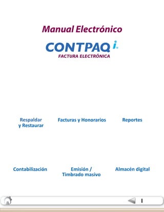 Respaldar Facturas y Honorarios 
y Restaurar 
Contabilización Emisión / Almacén digital 
Timbrado masivo 
Manual Electrónico 
Reportes 
I Índice 
 