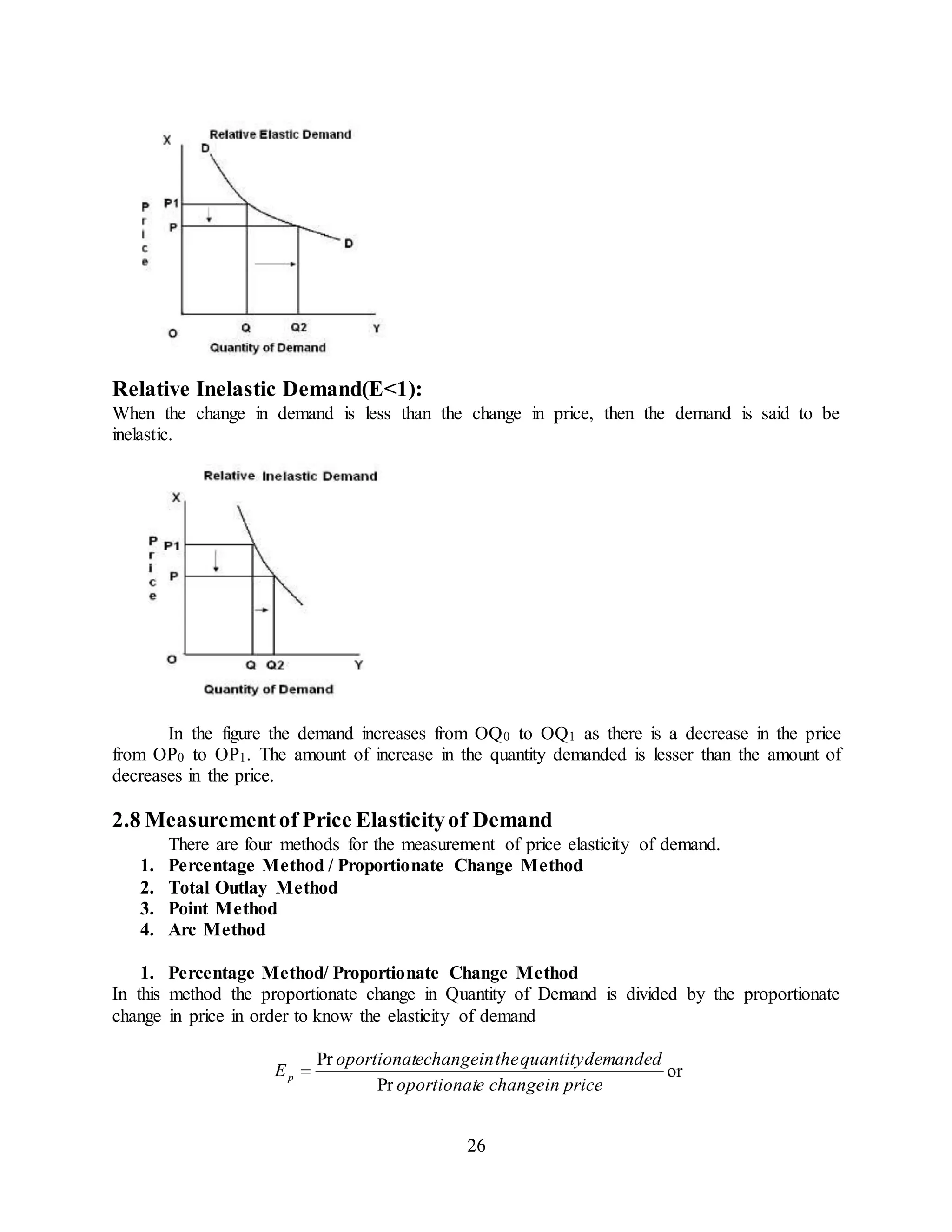 26
Relative Inelastic Demand(E<1):
When the change in demand is less than the change in price, then the demand is said to be
inelastic.
In the figure the demand increases from OQ0 to OQ1 as there is a decrease in the price
from OP0 to OP1. The amount of increase in the quantity demanded is lesser than the amount of
decreases in the price.
2.8 Measurementof Price Elasticityof Demand
There are four methods for the measurement of price elasticity of demand.
1. Percentage Method / Proportionate Change Method
2. Total Outlay Method
3. Point Method
4. Arc Method
1. Percentage Method/ Proportionate Change Method
In this method the proportionate change in Quantity of Demand is divided by the proportionate
change in price in order to know the elasticity of demand
priceinchangeeoportionat
demandedquantitytheinechangeoportionat
Ep
Pr
Pr
 or
 