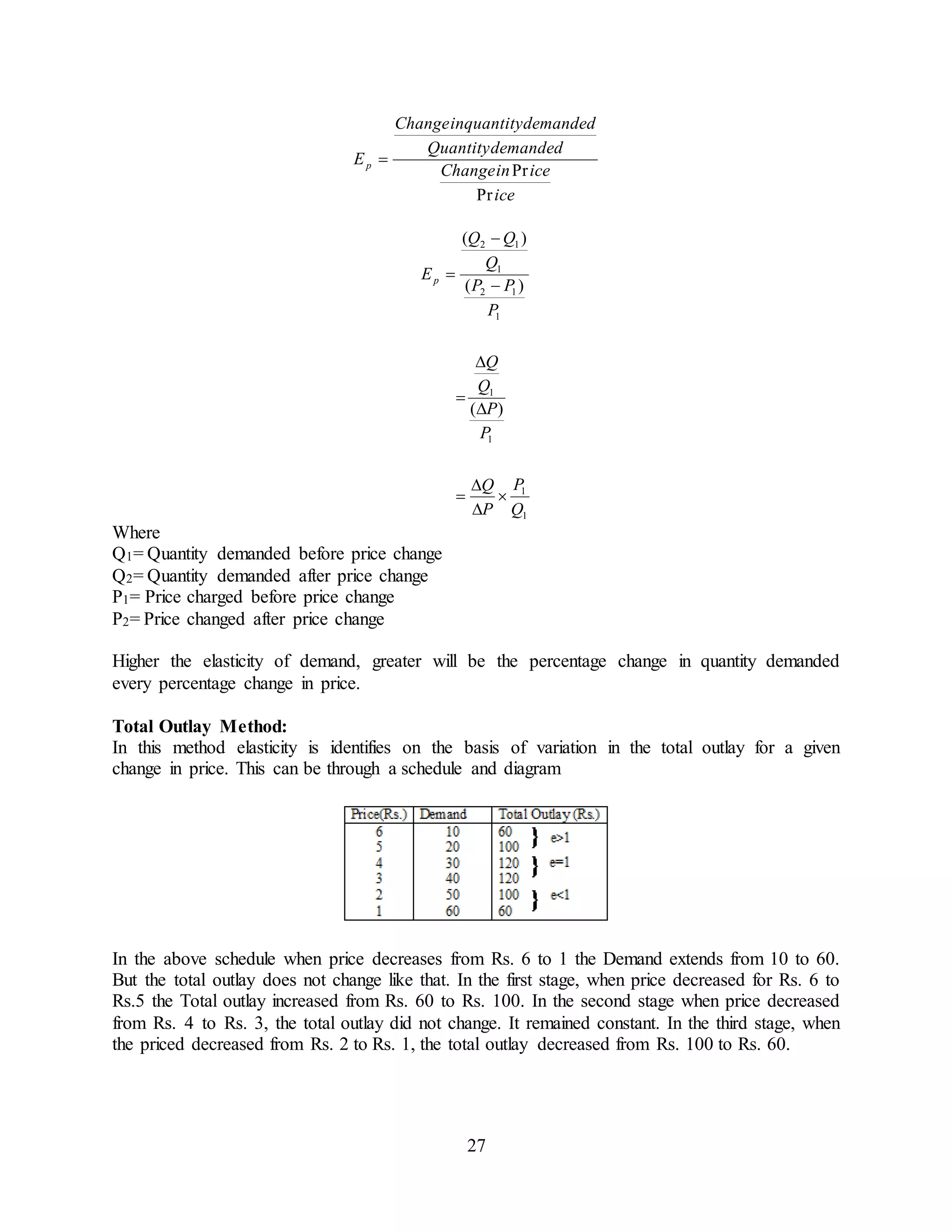 27
ice
iceinChange
demandedQuantity
demandedinquantityChange
Ep
Pr
Pr

1
1
1
1
1
12
1
12
)(
)(
)(
Q
P
P
Q
P
P
Q
Q
P
PP
Q
QQ
Ep










Where
Q1= Quantity demanded before price change
Q2= Quantity demanded after price change
P1= Price charged before price change
P2= Price changed after price change
Higher the elasticity of demand, greater will be the percentage change in quantity demanded
every percentage change in price.
Total Outlay Method:
In this method elasticity is identifies on the basis of variation in the total outlay for a given
change in price. This can be through a schedule and diagram
In the above schedule when price decreases from Rs. 6 to 1 the Demand extends from 10 to 60.
But the total outlay does not change like that. In the first stage, when price decreased for Rs. 6 to
Rs.5 the Total outlay increased from Rs. 60 to Rs. 100. In the second stage when price decreased
from Rs. 4 to Rs. 3, the total outlay did not change. It remained constant. In the third stage, when
the priced decreased from Rs. 2 to Rs. 1, the total outlay decreased from Rs. 100 to Rs. 60.
 