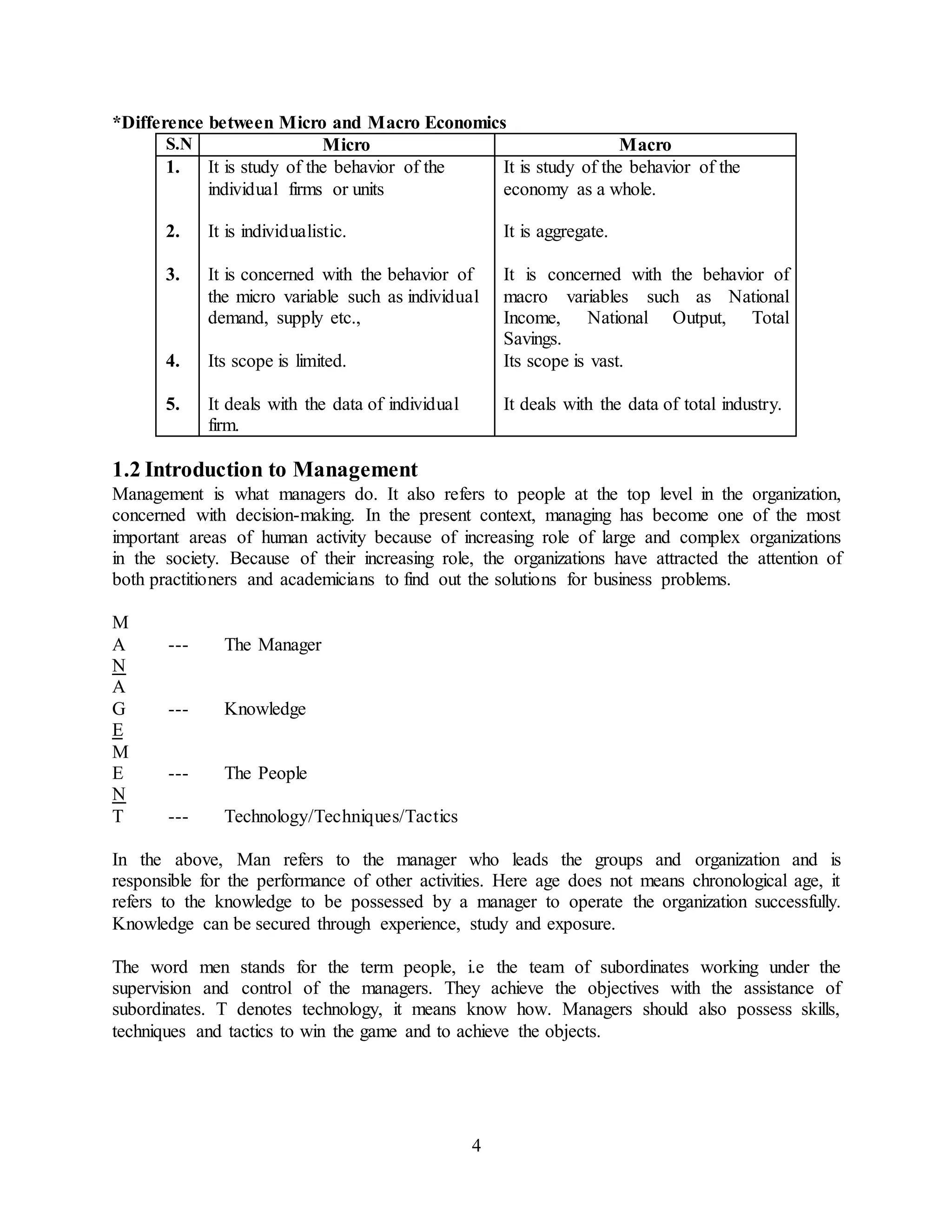 4
*Difference between Micro and Macro Economics
S.N Micro Macro
1.
2.
3.
4.
5.
It is study of the behavior of the
individual firms or units
It is individualistic.
It is concerned with the behavior of
the micro variable such as individual
demand, supply etc.,
Its scope is limited.
It deals with the data of individual
firm.
It is study of the behavior of the
economy as a whole.
It is aggregate.
It is concerned with the behavior of
macro variables such as National
Income, National Output, Total
Savings.
Its scope is vast.
It deals with the data of total industry.
1.2 Introduction to Management
Management is what managers do. It also refers to people at the top level in the organization,
concerned with decision-making. In the present context, managing has become one of the most
important areas of human activity because of increasing role of large and complex organizations
in the society. Because of their increasing role, the organizations have attracted the attention of
both practitioners and academicians to find out the solutions for business problems.
M
A --- The Manager
N
A
G --- Knowledge
E
M
E --- The People
N
T --- Technology/Techniques/Tactics
In the above, Man refers to the manager who leads the groups and organization and is
responsible for the performance of other activities. Here age does not means chronological age, it
refers to the knowledge to be possessed by a manager to operate the organization successfully.
Knowledge can be secured through experience, study and exposure.
The word men stands for the term people, i.e the team of subordinates working under the
supervision and control of the managers. They achieve the objectives with the assistance of
subordinates. T denotes technology, it means know how. Managers should also possess skills,
techniques and tactics to win the game and to achieve the objects.
 