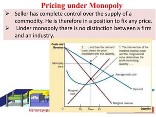 kishorepvpsit@gmail.com 7382219990 PVPSIT@MECH PPC U1
 Seller has complete control over the supply of a
commodity. He is therefore in a position to fix any price.
 Under monopoly there is no distinction between a firm
and an industry.
MEFA U4
Pricing under Monopoly
 