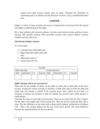 11
column and credit amount column must be equal. Therefore the possibility of
committing errors in reduced and the detection of errors, if any, committed becomes
easy.
LEDGER
ledger is a book of many accounts .the process of preparation of accounts from the journal
into ledger is called posting in the ledger.
Ex: it may includes sales account, purchase account, sales returns account, purchase returns
account, bills payable account, bills receivable account, cash account, debtors account,
creditors account, and so on….
The format of ledger account:
It is of two parts:
 Left-hand side called debit side.
 Right-hand side called credit side.
(Or)
 Debit starts with ‘to’.
 Credit starts with ‘by’.
Account
Debit side (Dr) Credit side (Cr)
Date particulars L.F Amount Date Particulars L.F Amount
HOW TO BALANCE AN ACCOUNT?
There may be any number of entries on the debit or credit side or both sides of the given
account. Among the various accounts in business, if both sides tally on both the debit and
credit side, the amount is settled. If the account shows more entries on one side it is
necessary to balance the account to find out whether the account shows debit balance or
credit balance.
Calculate the totals on each side of the account. Check up on which side the total is higher.
Put the total on the higher side of the account first. Then see by how much the other side is
lesser. Put the difference on the lesser side writing clearly balance carried down or balance
C/D . This is the closing balance for the end of the given period. The same difference
becomes the opening balance for the next period.
 