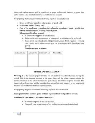 15
balance of trading account will be considered as gross profit (credit balance) or gross loss
(debit balance) and will be transferred to profit and loss account.
We preparing the trading account the following equation also can be used
 Gross profit/loss =sales less returns-cost of goods sold
 Sales=total (cash + credit) sales
 Cost of the goods sold = opening stock of goods +purchasers (cash + credit) less
returns +direct expense +closing stock of goods.
Advantages of trading account:
 It reveals trading profit or loss business.
 Gross profit ratio is percentage of gross profit to net sales can be neglected.
 Gross profit and related items like purchasers, sales, direct expenses , opening
,and closing stock , of the current year can be compared with that of previous
period.
Trading account proforma
particulars Dr. Amount Rs. Particulars Cr Amount Rs.
PROFIT AND LOSS ACCOUNT
Meaning: It is the account prepared to find out net profit or loss of the business during the
period. This is the nominal account in its nature hence all the other expenses should be
debited where as all the other incomes and gains should be credited to profit account. The
balance of profit account will be considered as net profit (credit balance) or net loss (debit
balance) and will be transferred to capital account.
We preparing the profit account the following equation also can be used:
Gross profit +other incomes /gain –indirect expenses/loses =net profit or net loss.
IMPORTANCE OF PROFIT AND LOSS ACCOUNT:
 It reveals net profit or net loss business.
 Net profit ratio is percentage of net profit to net sales can be calculated.
 