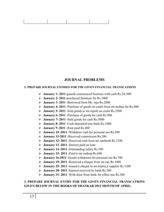 17
JOURNAL PROBLEMS
1. PREPARE JOURNAL ENTRIES FOR THE GIVEN FINANCIAL TRANSCATIONS
 January 1- 2011-ganesh commenced business with cash Rs.20, 000
 January 2- 2011-purchased furniture for Rs.1000
 January 3- 2011 -Borrowed from Mr. raju Rs.2000
 January 4- 2011 -Purchase of goods on credit from mr.mohan for Rs.800
 January 5- 2011 -Sold goods to mr.rajesh on credit Rs.2500
 January 6- 2011 -Purchase of goods for cash Rs.900
 January 7- 2011 -Sold goods for cash Rs.5000
 January 8- 2011 -Cash deposited into bank Rs.1000
 January 9 -2011 -Rent paid Rs.400
 January 10 -2011 -Withdraw cash for personal use Rs.500
 January 11-2011 -Received commission Rs.200
 January 12- 2011 -Received cash from mr.santhosh Rs.2100
 January 13 -2011 -Interest paid on loan
 January 14 -2011 -Outstanding salary Rs.100
 January 15- 2011 -Paid to mr.sudeep Rs.600
 January 16-2011 -Goods withdrawn for personal use Rs.700
 January 19- 2011 -Received a cheque from mr.rao Rs.1000
 January 25- 2011 -Issued a cheque to mr.manoj,a supplier Rs.1200
 January 28- 2011 -Interest received by bank Rs.200
 January 31- 2011 -With draw from bank for office use Rs.300
3. PREPARE JOURNAL ENTRY FOR THE GIVEN FINANCIAL TRANSCATIONS
GIVEN BELOW IN THE BOOKS OF SHANKAR 2012 MONTH OF APRIL.
 