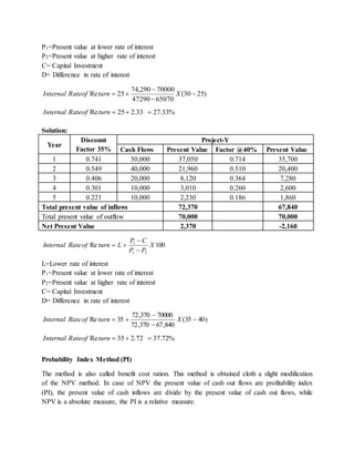 P1=Present value at lower rate of interest
P2=Present value at higher rate of interest
C= Capital Investment
D= Difference in rate of interest
)2530(
6507047290
70000290,74
25Re 


 XturnofRateInternal
%33.2733.225Re turnofRateInternal
Solution:
Year
Discount
Factor 35%
Project-Y
Cash Flows Present Value Factor @40% Present Value
1 0.741 50,000 37,050 0.714 35,700
2 0.549 40,000 21,960 0.510 20,400
3 0.406 20,000 8,120 0.364 7,280
4 0.301 10,000 3,010 0.260 2,600
5 0.221 10,000 2,230 0.186 1,860
Total present value of inflows 72,370 67,840
Total present value of outflow 70,000 70,000
Net Present Value 2,370 -2,160
100Re
21
1
X
PP
CP
LturnofRateInternal



L=Lower rate of interest
P1=Present value at lower rate of interest
P2=Present value at higher rate of interest
C= Capital Investment
D= Difference in rate of interest
)4035(
840,67370,72
70000370,72
35Re 


 XturnofRateInternal
%72.3772.235Re turnofRateInternal
Probability Index Method (PI)
The method is also called benefit cost ration. This method is obtained cloth a slight modification
of the NPV method. In case of NPV the present value of cash out flows are profitability index
(PI), the present value of cash inflows are divide by the present value of cash out flows, while
NPV is a absolute measure, the PI is a relative measure.
 