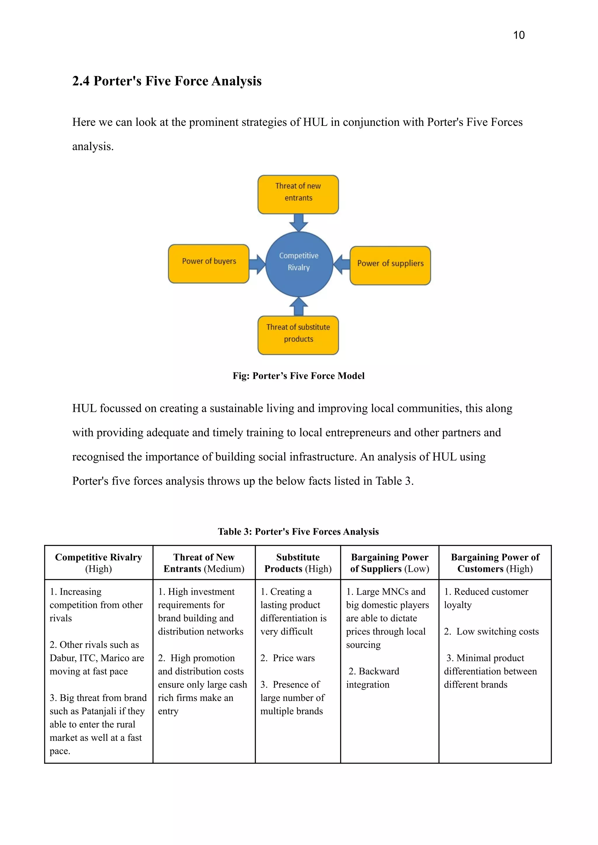 10
2.4 Porter's Five Force Analysis
Here we can look at the prominent strategies of HUL in conjunction with Porter's Five Forces
analysis.
Fig: Porter’s Five Force Model
HUL focussed on creating a sustainable living and improving local communities, this along
with providing adequate and timely training to local entrepreneurs and other partners and
recognised the importance of building social infrastructure. An analysis of HUL using
Porter's five forces analysis throws up the below facts listed in Table 3.
Table 3: Porter's Five Forces Analysis
Competitive Rivalry
(High)
Threat of New
Entrants (Medium)
Substitute
Products (High)
Bargaining Power
of Suppliers (Low)
Bargaining Power of
Customers (High)
1. Increasing
competition from other
rivals
2. Other rivals such as
Dabur, ITC, Marico are
moving at fast pace
3. Big threat from brand
such as Patanjali if they
able to enter the rural
market as well at a fast
pace.
1. High investment
requirements for
brand building and
distribution networks
2. High promotion
and distribution costs
ensure only large cash
rich firms make an
entry
1. Creating a
lasting product
differentiation is
very difficult
2. Price wars
3. Presence of
large number of
multiple brands
1. Large MNCs and
big domestic players
are able to dictate
prices through local
sourcing
2. Backward
integration
1. Reduced customer
loyalty
2. Low switching costs
3. Minimal product
differentiation between
different brands
 