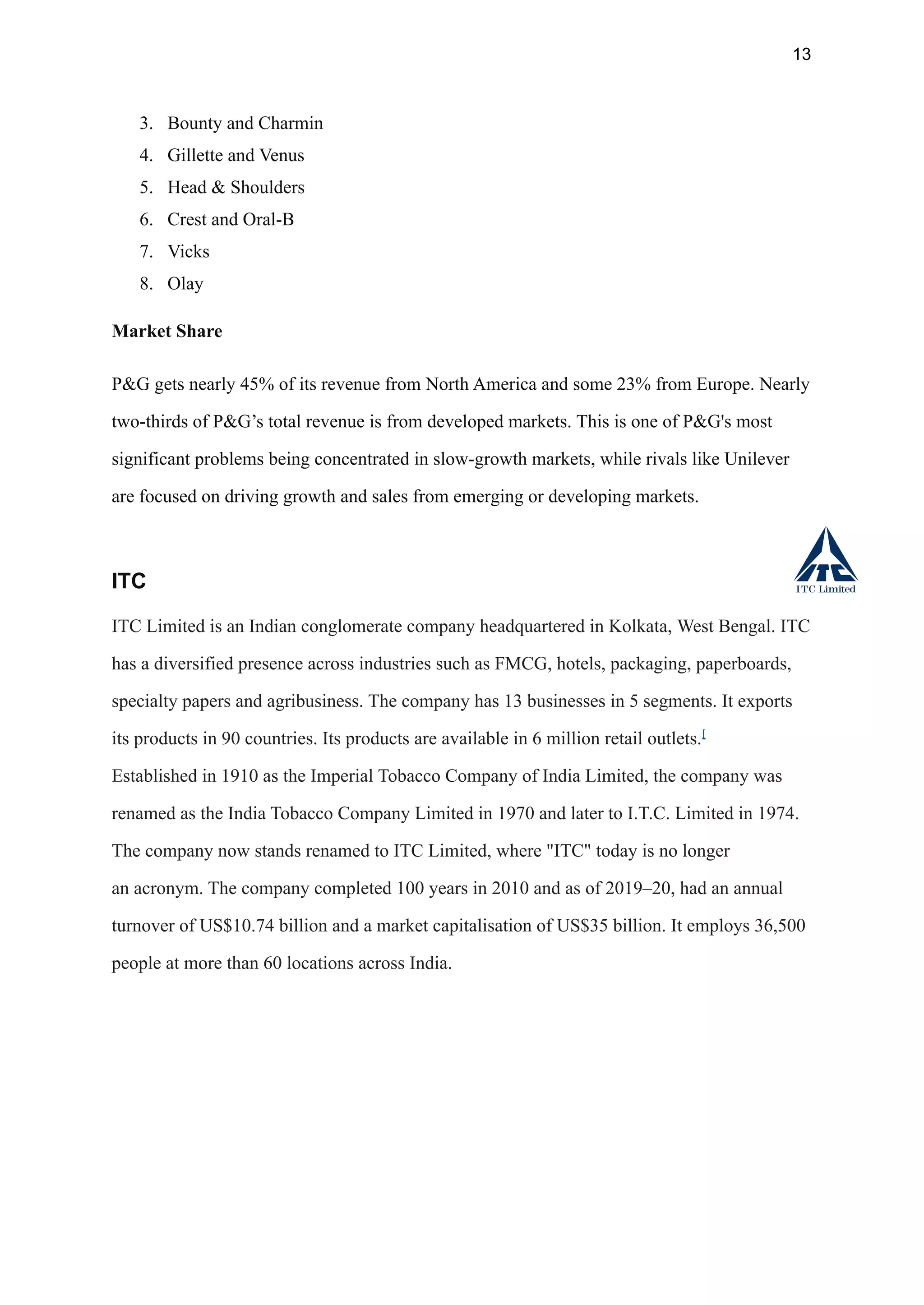 13
3. Bounty and Charmin
4. Gillette and Venus
5. Head & Shoulders
6. Crest and Oral-B
7. Vicks
8. Olay
Market Share
P&G gets nearly 45% of its revenue from North America and some 23% from Europe. Nearly
two-thirds of P&G’s total revenue is from developed markets.﻿This is one of P&G's most
significant problems being concentrated in slow-growth markets, while rivals like Unilever
are focused on driving growth and sales from emerging or developing markets.
ITC
ITC Limited is an Indian conglomerate company headquartered in Kolkata, West Bengal. ITC
has a diversified presence across industries such as FMCG, hotels, packaging, paperboards,
specialty papers and agribusiness. The company has 13 businesses in 5 segments. It exports
its products in 90 countries. Its products are available in 6 million retail outlets.[
Established in 1910 as the Imperial Tobacco Company of India Limited, the company was
renamed as the India Tobacco Company Limited in 1970 and later to I.T.C. Limited in 1974.
The company now stands renamed to ITC Limited, where "ITC" today is no longer
an acronym. The company completed 100 years in 2010 and as of 2019–20, had an annual
turnover of US$10.74 billion and a market capitalisation of US$35 billion. It employs 36,500
people at more than 60 locations across India.
 