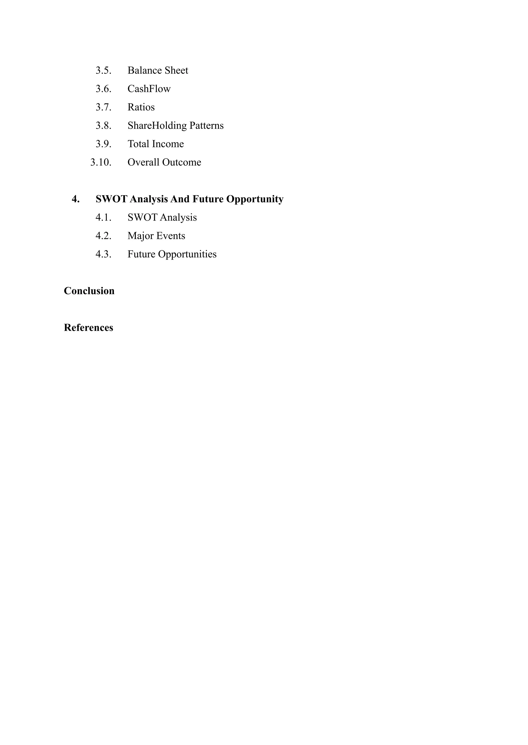 3.5. Balance Sheet
3.6. CashFlow
3.7. Ratios
3.8. ShareHolding Patterns
3.9. Total Income
3.10. Overall Outcome
4. SWOT Analysis And Future Opportunity
4.1. SWOT Analysis
4.2. Major Events
4.3. Future Opportunities
Conclusion
References
 