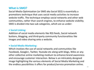 What is SMO?
Social Media Optimization (or SMO aka Social SEO) is essentially a
promotions technique that uses social media activities to increase
website traffic. The technique employs social networks and other web
communities, rather than search engines, to enhance website visibility.
SMO is divided into two sub categories, which are as under:
• Social Linking:
Addition of social media elements like RSS feeds, Social network
buttons, blogging, and third-party community functionalities like
images and video sharing onto a website.
• Social Media Marketing:
Which involves the use of social networks and communities like
Facebook, Google+, Twitter, Youtube etc along with blogs, Wikis or any
other collective online marketing medium to enhance brand awareness
and encourage customer interaction. Below is an intricately designed
image highlighting the various elements of Social Media Marketing and
the endless possibilities it offers for product/service promotion online.
19
 