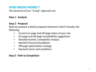HOW IMEDIA WORKS ?
The elements of our “3-step” approach are:
Step 1 - Analysis
Step 2 - Proposal
Next we prepare a details proposal statement which includes the
following:
• Current on-page and off-page status of your site
• On-page and off-page compatibility suggestions
• Detailed market / competitor analysis
• Monthly financial breakdown
• Off-page optimization strategy
• Payment terms and conditions
Step 3 - Path to Completion
13
 