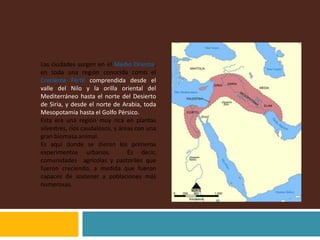Las ciudades surgen en el Medio Oriente, 
en toda una región conocida como el 
Creciente Fértil comprendida desde el 
valle del Nilo y la orilla oriental del 
Mediterráneo hasta el norte del Desierto 
de Siria, y desde el norte de Arabia, toda 
Mesopotamia hasta el Golfo Pérsico. 
Esta era una región muy rica en plantas 
silvestres, ríos caudalosos, y áreas con una 
gran biomasa animal. 
Es aquí donde se dieron los primeros 
experimentos urbanos. Es decir, 
comunidades agrícolas y pastoriles que 
fueron creciendo, a medida que fueron 
capaces de sostener a poblaciones más 
numerosas. 
 