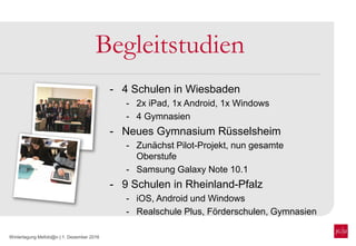 Wintertagung Mefobi@n | 1. Dezember 2016
Begleitstudien
- 4 Schulen in Wiesbaden
- 2x iPad, 1x Android, 1x Windows
- 4 Gymnasien
- Neues Gymnasium Rüsselsheim
- Zunächst Pilot-Projekt, nun gesamte
Oberstufe
- Samsung Galaxy Note 10.1
- 9 Schulen in Rheinland-Pfalz
- iOS, Android und Windows
- Realschule Plus, Förderschulen, Gymnasien
 