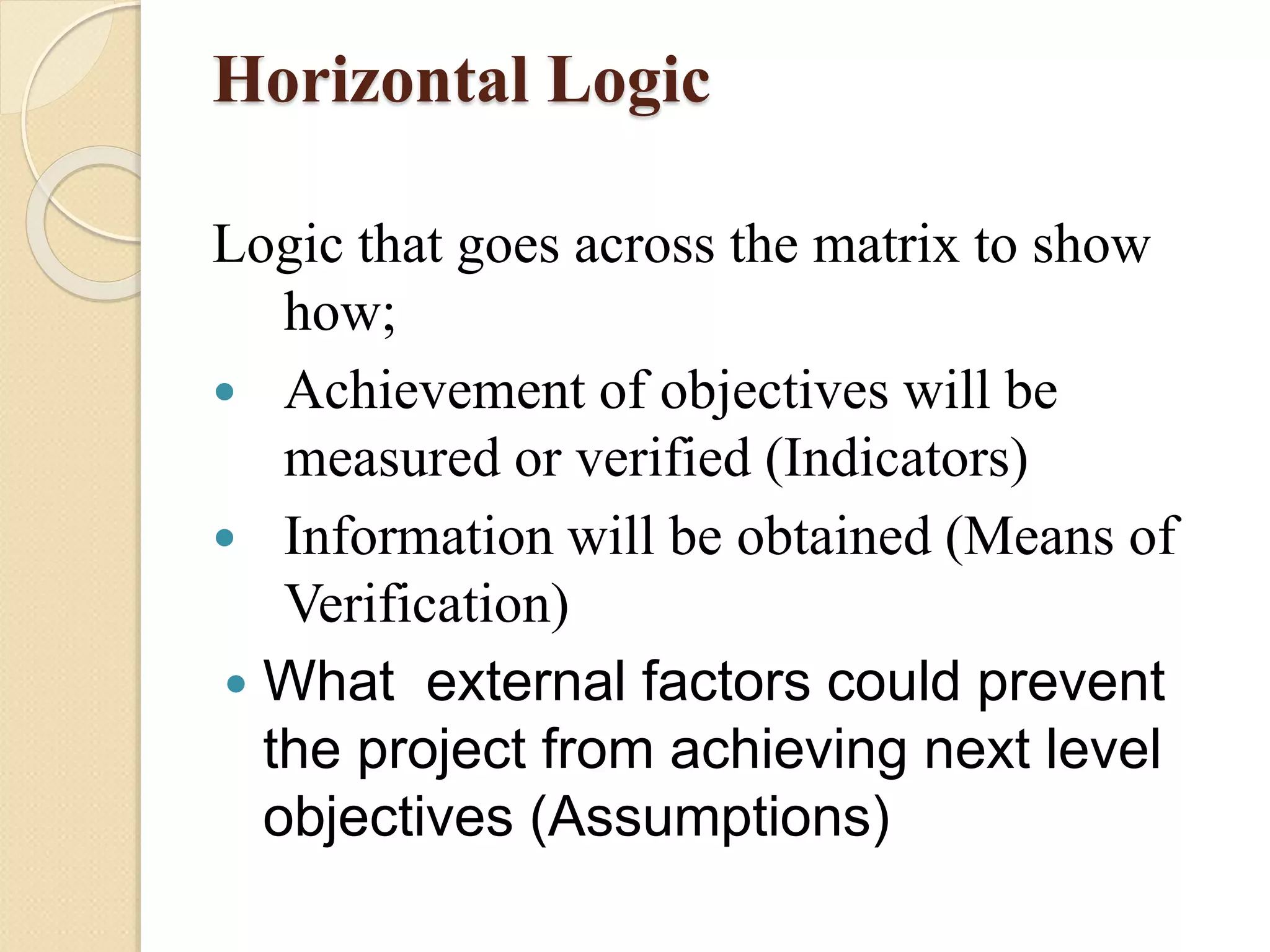 Horizontal Logic
Logic that goes across the matrix to show
how;
 Achievement of objectives will be
measured or verified (Indicators)
 Information will be obtained (Means of
Verification)
 What external factors could prevent
the project from achieving next level
objectives (Assumptions)
 