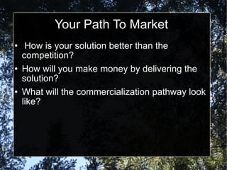 Your Path To Market How is your solution better than the competition? How will you make money by delivering the solution? What will the commercialization pathway look like? 