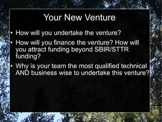 Your New Venture How will you undertake the venture? How will you finance the venture? How will you attract funding beyond SBIR/STTR funding? Why is your team the most qualified technical AND business wise to undertake this venture? 