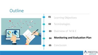 Outline
01
02
03
04
05
Terminologies
Learning Objectives
Overview of M & E
Monitoring and Evaluation Plan
Conclusion
 