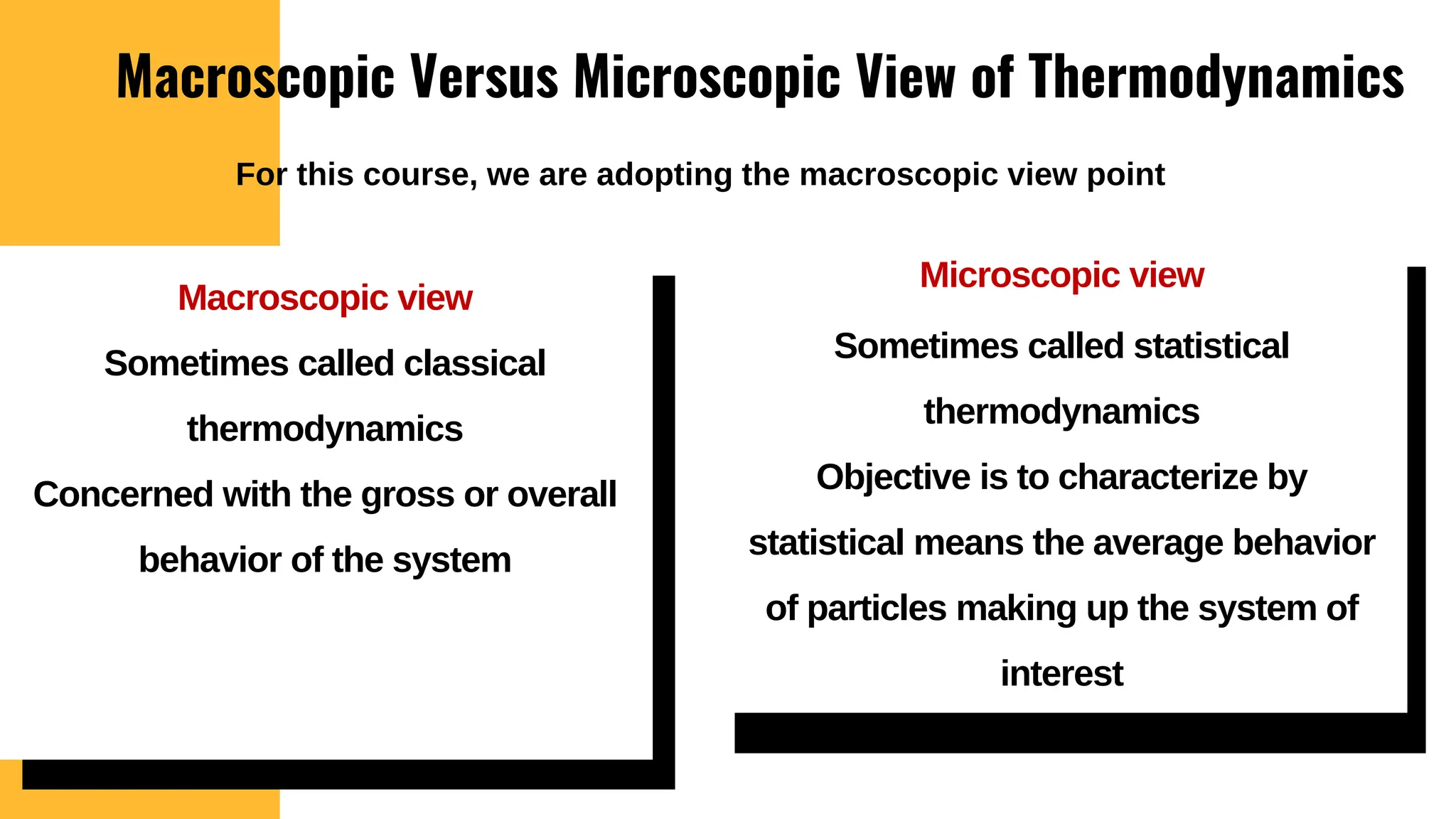 Macroscopic Versus Microscopic View of Thermodynamics
Microscopic view
Sometimes called statistical
thermodynamics
Objective is to characterize by
statistical means the average behavior
of particles making up the system of
interest
Macroscopic view
Sometimes called classical
thermodynamics
Concerned with the gross or overall
behavior of the system
For this course, we are adopting the macroscopic view point
 