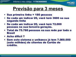 Previsão para 3 meses Sua primeira linha = 180 pessoas Se cada um indicar 20, você terá 3600 na sua segunda linha Se cada um indicar 20, você terá 72.000 pessoas na sua terceira geração. Total de 75.780 pessoas na sua rede por todo o Brasil Acha dificíl ? Sem este sistema o unibanco já tem 7.000.000 (sete milhões) de clientes de Cartão de crédito. Informe o meu código.:  1170036069005 