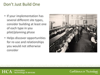 Don’t Just Build One If your implementation has several different site types, consider building at least one of each type in you pilot/planning phase Helps discover opportunities for re-use and relationships you would not otherwise consider 