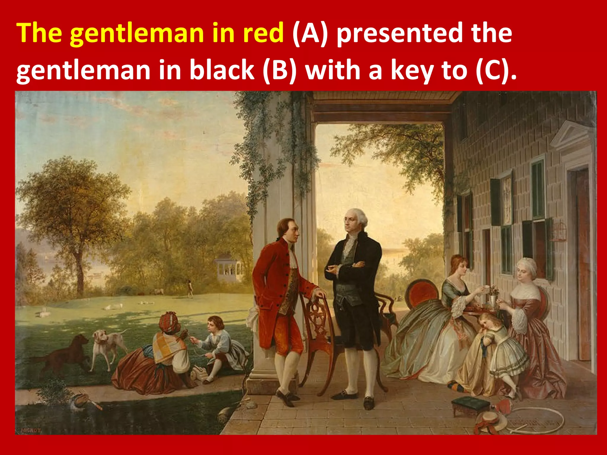 The gentleman in red  (A) presented the gentleman in black (B) with a key to (C). 