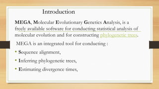 MEGA, Molecular Evolutionary Genetics Analysis, is a
freely available software for conducting statistical analysis of
mole...