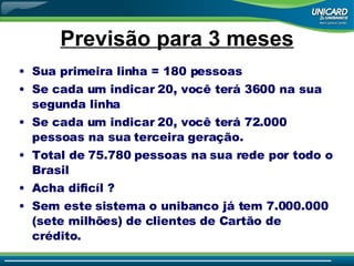 Previsão para 3 meses Sua primeira linha = 180 pessoas Se cada um indicar 20, você terá 3600 na sua segunda linha Se cada um indicar 20, você terá 72.000 pessoas na sua terceira geração. Total de 75.780 pessoas na sua rede por todo o Brasil Acha dificíl ? Sem este sistema o unibanco já tem 7.000.000 (sete milhões) de clientes de Cartão de crédito. 
