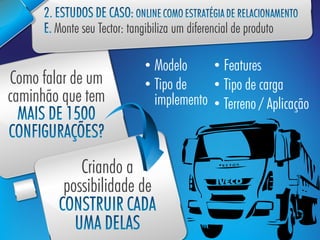 • Modelo     • Features
Como falar de um       • Tipo de    • Tipo de carga
caminhão que tem         implemento • Terreno / Aplicação



            Criando a
         possibilidade de
 