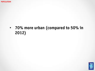 POPULATION!




         •  70% more urban (compared to 50% in
            2012)!
 