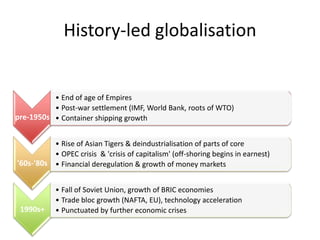 History-led globalisation

• End of age of Empires
• Post-war settlement (IMF, World Bank, roots of WTO)
pre-1950s • Container shipping growth
• Rise of Asian Tigers & deindustrialisation of parts of core
• OPEC crisis & 'crisis of capitalism' (off-shoring begins in earnest)
'60s-'80s • Financial deregulation & growth of money markets

1990s+

• Fall of Soviet Union, growth of BRIC economies
• Trade bloc growth (NAFTA, EU), technology acceleration
• Punctuated by further economic crises

 