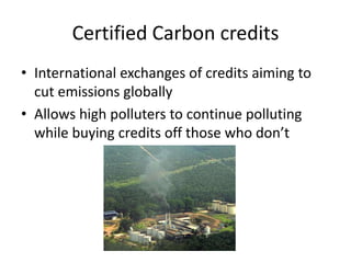 Certified Carbon credits
• International exchanges of credits aiming to
cut emissions globally
• Allows high polluters to continue polluting
while buying credits off those who don’t

 
