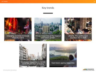 © Euromonitor International
19
Key trends
KEY TRENDS
Emerging countries dominate
megacity scene
African megacities at the heart of
population growth
Jakarta: The world’s most
populous city in 2030
Developed megacities to remain
more affluent than emerging
East Asia’s ageing megacities
 