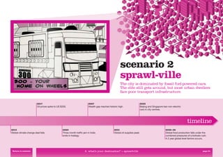 scenario 2
                                                                                                      sprawl-ville
                                                                                                      The city is dominated by fossil fuel-powered cars.
                                                                                                      The elite still gets around, but most urban dwellers
                                                                                                      face poor transport infrastructure.


                        2017                                            2027                                            2035
                        Oil prices spike to US $200.                    Wealth gap reaches historic high.               Beijing and Singapore ban non-electric
                                                                                                                        cars in city centres.




                                                                                                                                                                   timeline
2015                                            2020                                            2031                                           2036–38
Global climate change deal fails.               Three month trafﬁc jam in India                 Global oil supplies peak.                      Global food production falls under the
                                                ends in tradegy.                                                                               combined pressures of a biofuels rush.
                                                                                                                                               A 2 year global level famine occurs.




 Return to contents                                                  2. what’s your destination? > sprawlville                                                                   page 24
 